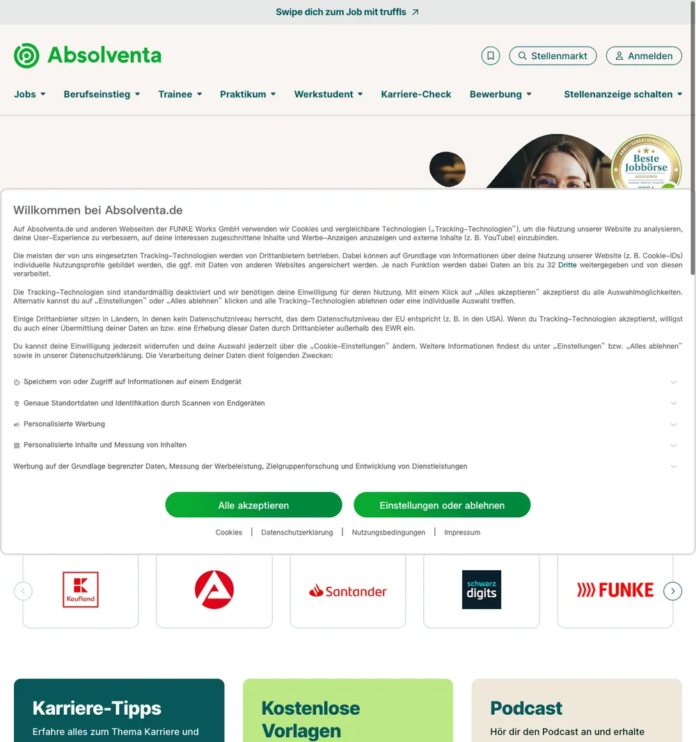 Absolventa screenshot Absolventa job board platform screenshot showing job search interface