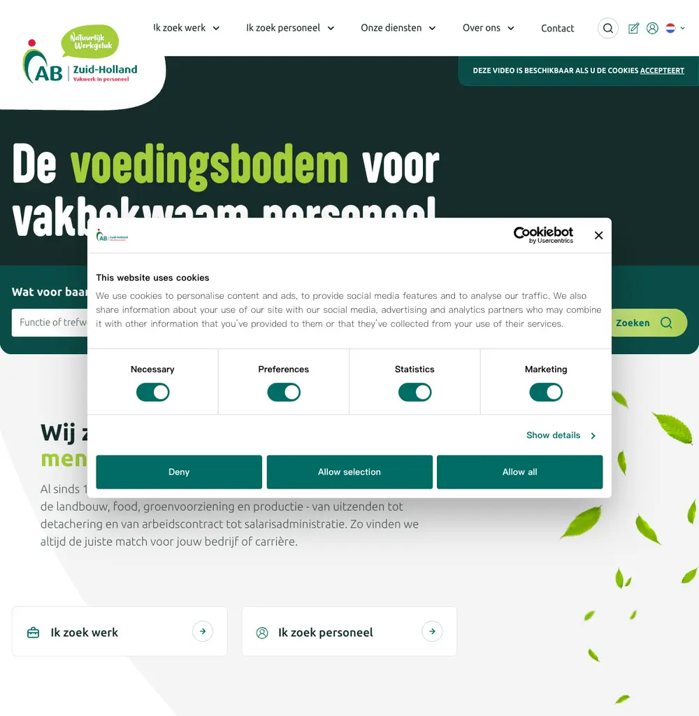 AB Zuid-Holland job board platform screenshot showing job search interface
