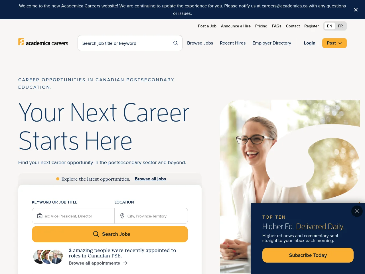 Academica Careers screenshot Academica Careers job board platform screenshot showing job search interface