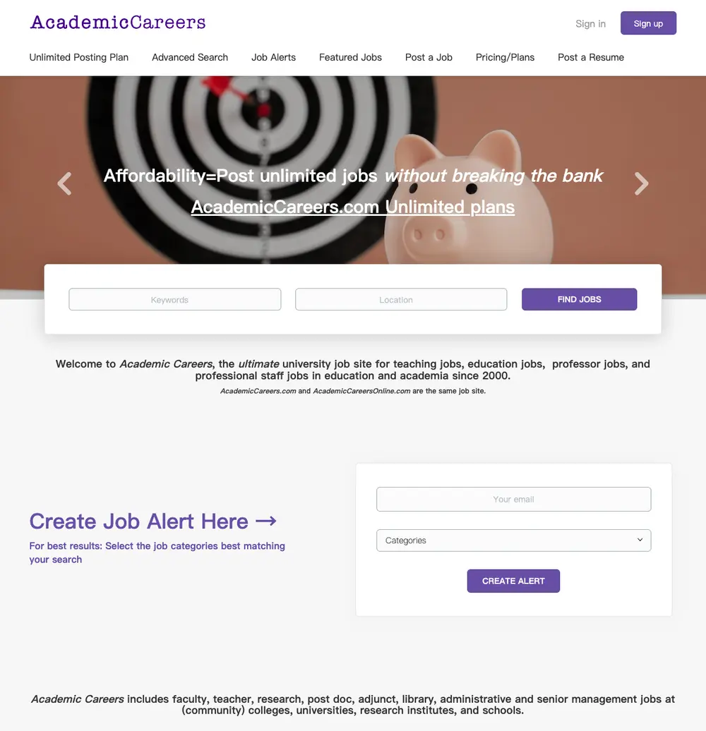 Academic Careers job board platform screenshot showing job search interface