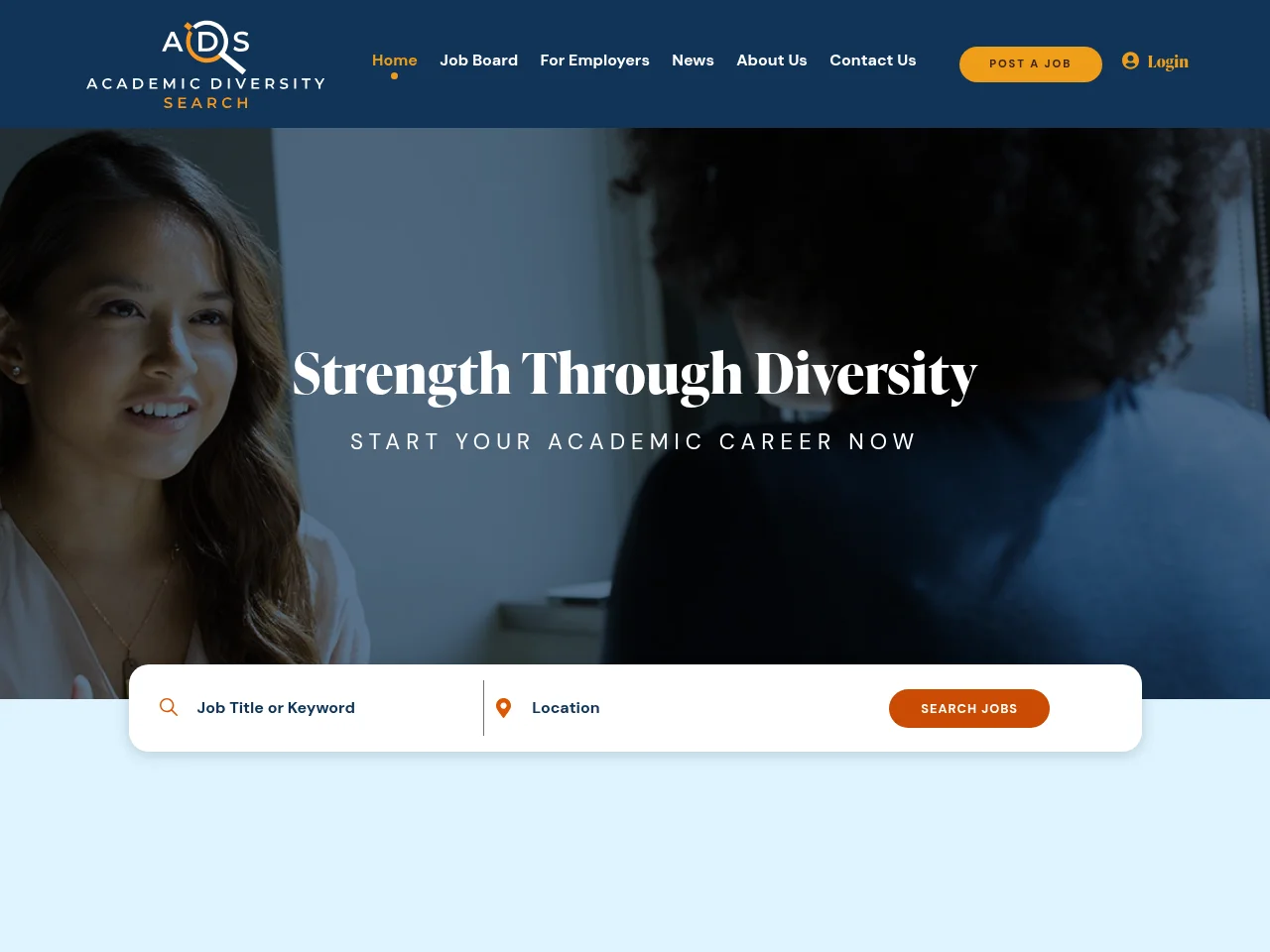 Academic Diversity Search job board platform screenshot showing job search interface
