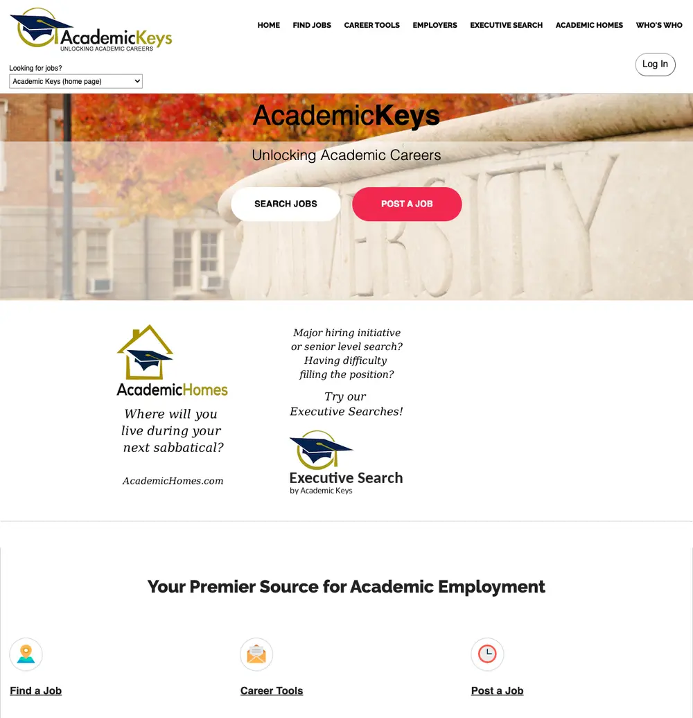 AcademicKeys.com job board platform screenshot showing job search interface