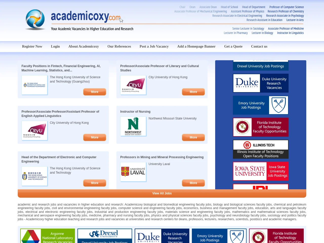 Academicoxy job board platform screenshot showing job search interface