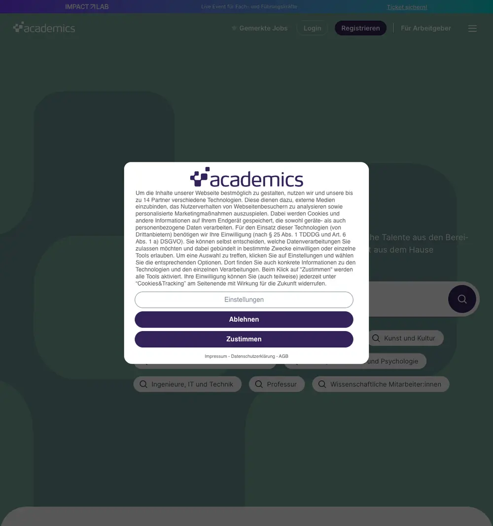 academics job board platform screenshot showing job search interface