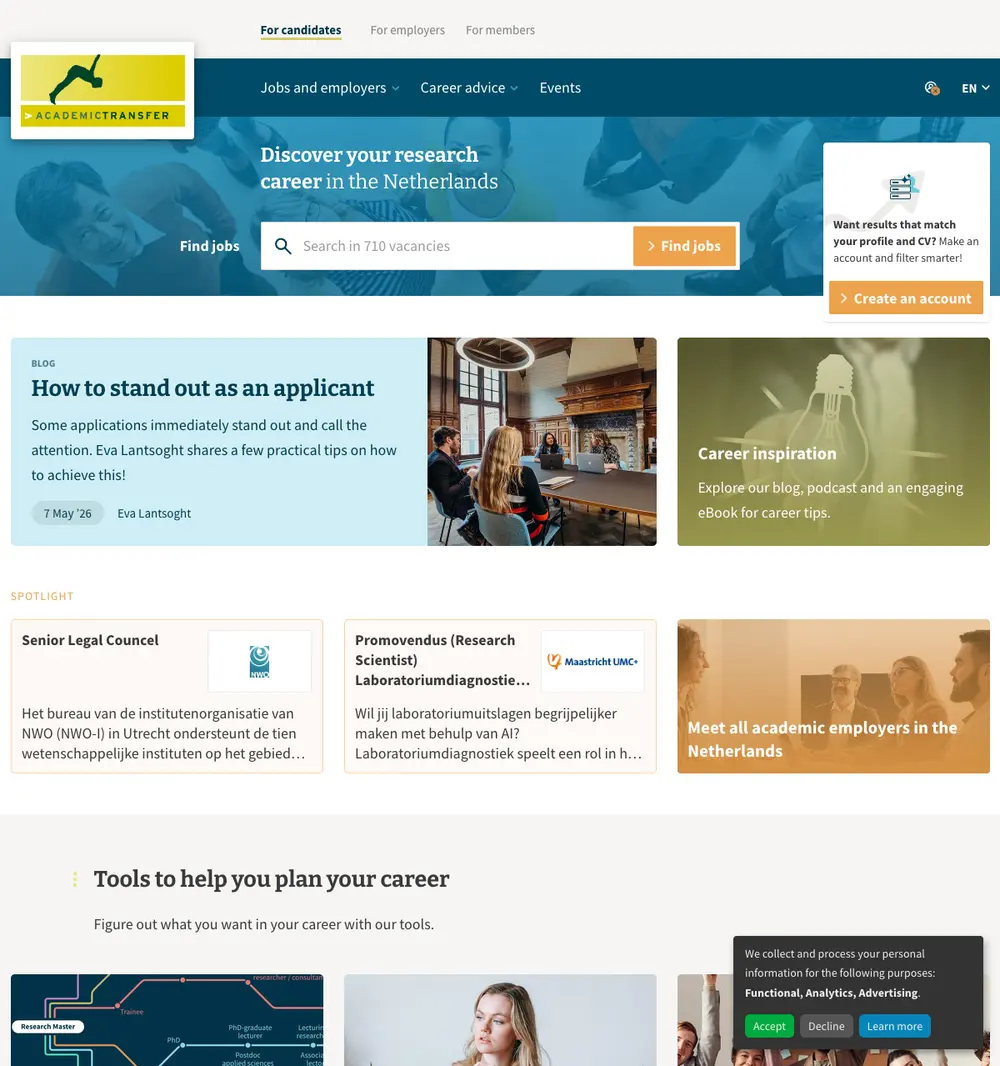 AcademicTransfer job board platform screenshot showing job search interface