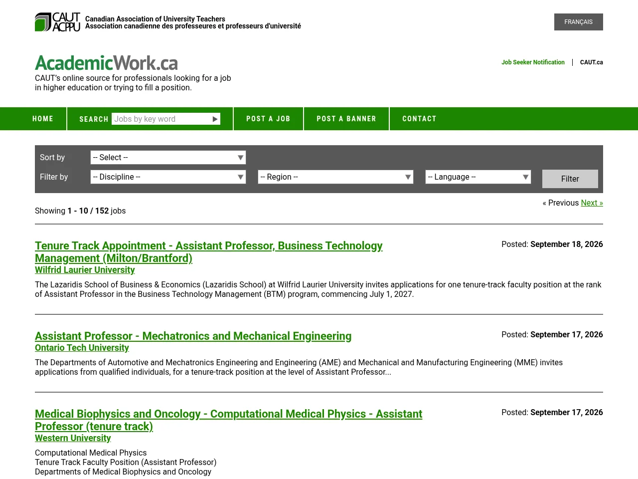 Academic Work Canada job board platform screenshot showing job search interface