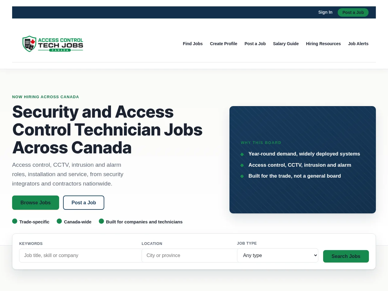 Access Control Tech Jobs job board platform screenshot showing job search interface