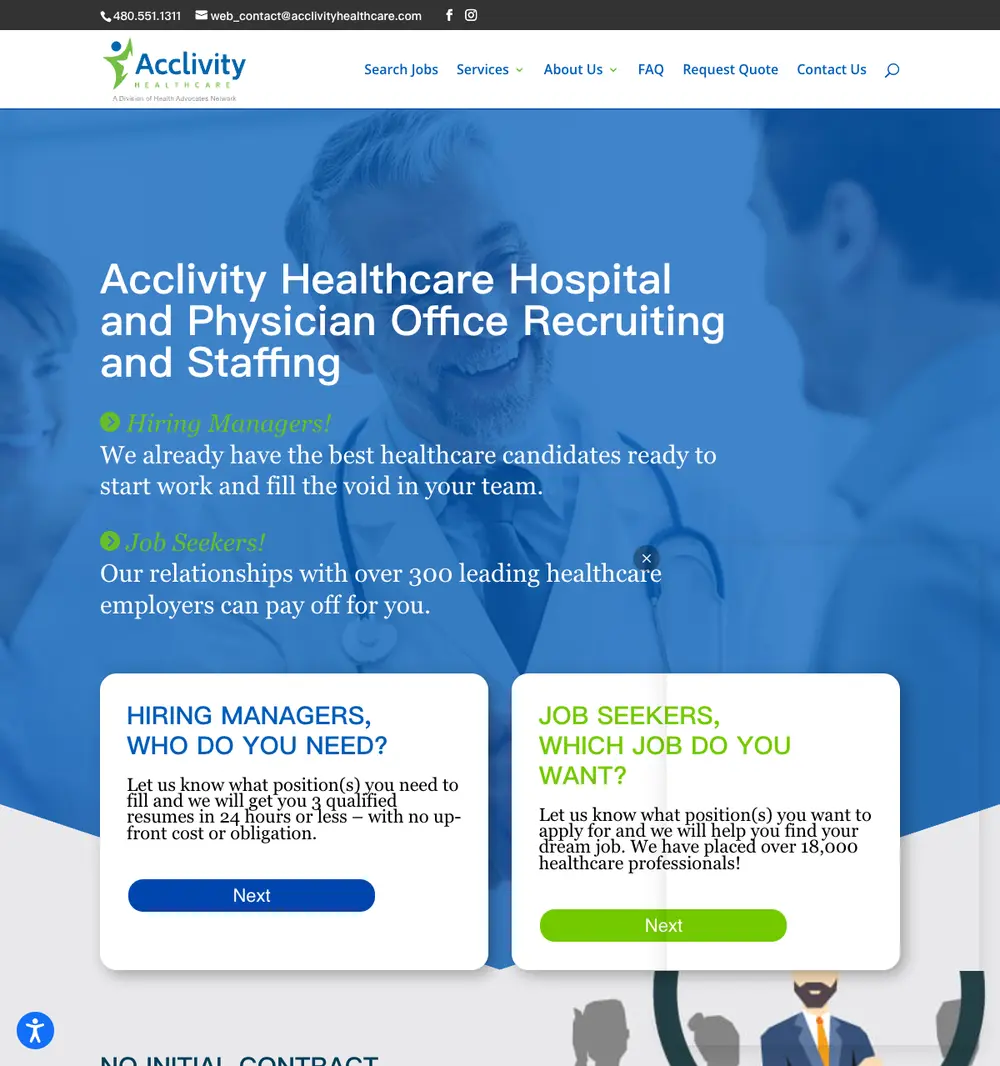 Acclivity Healthcare job board platform screenshot showing job search interface