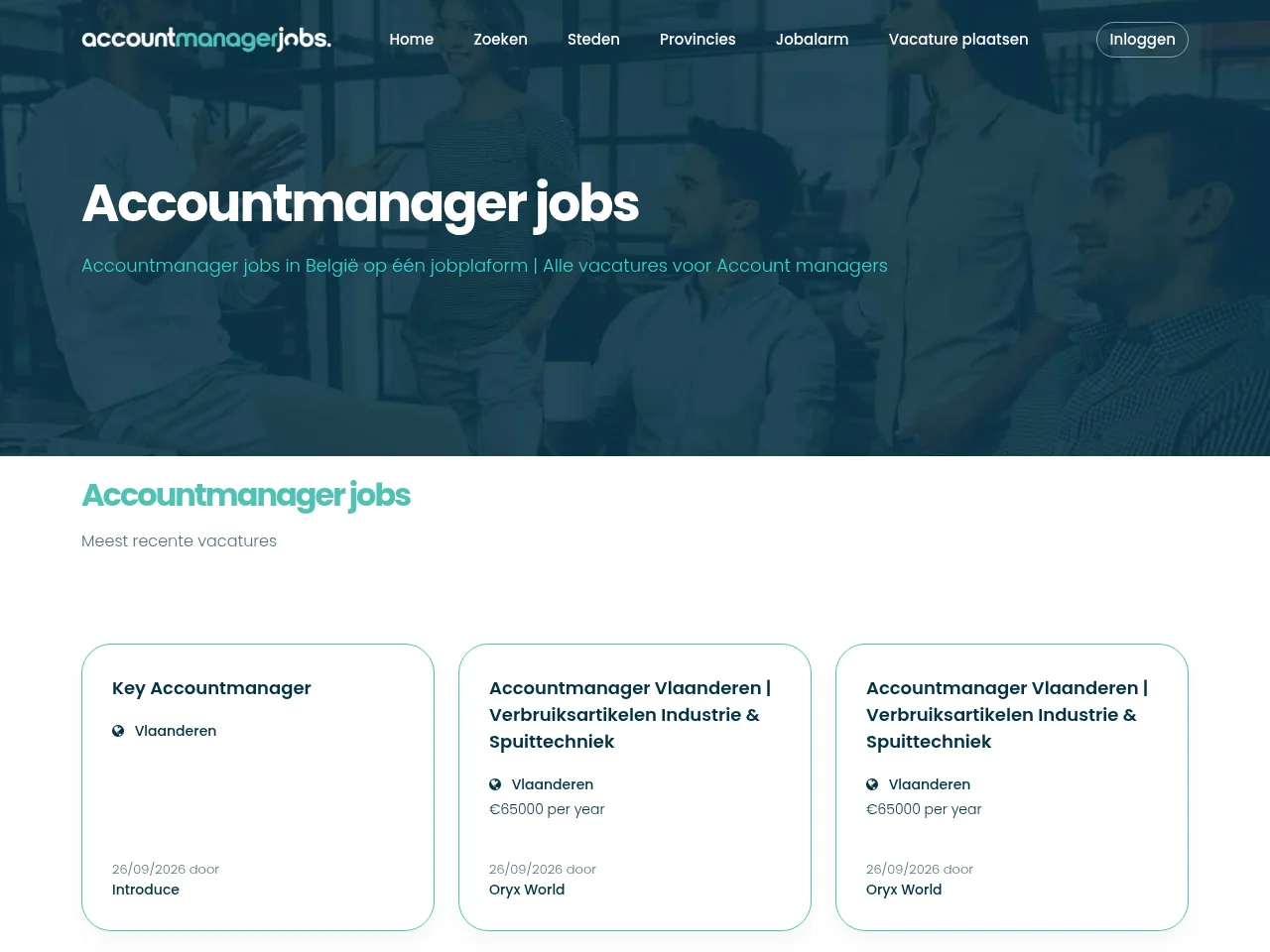 Accountmanagerjobs.be job board platform screenshot showing job search interface