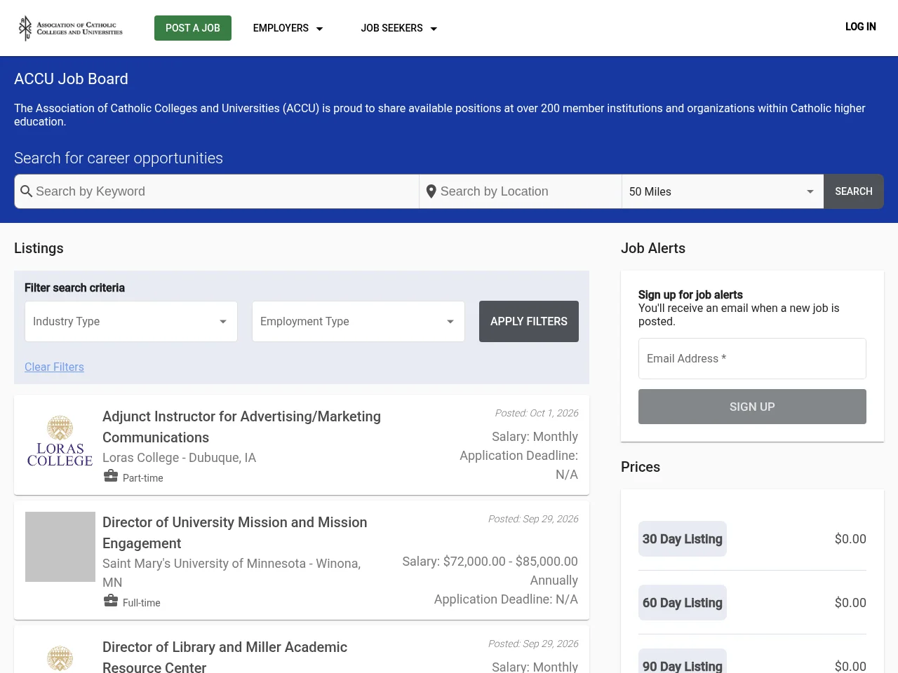 Association of Catholic Colleges and Universities Job Board job board platform screenshot showing job search interface