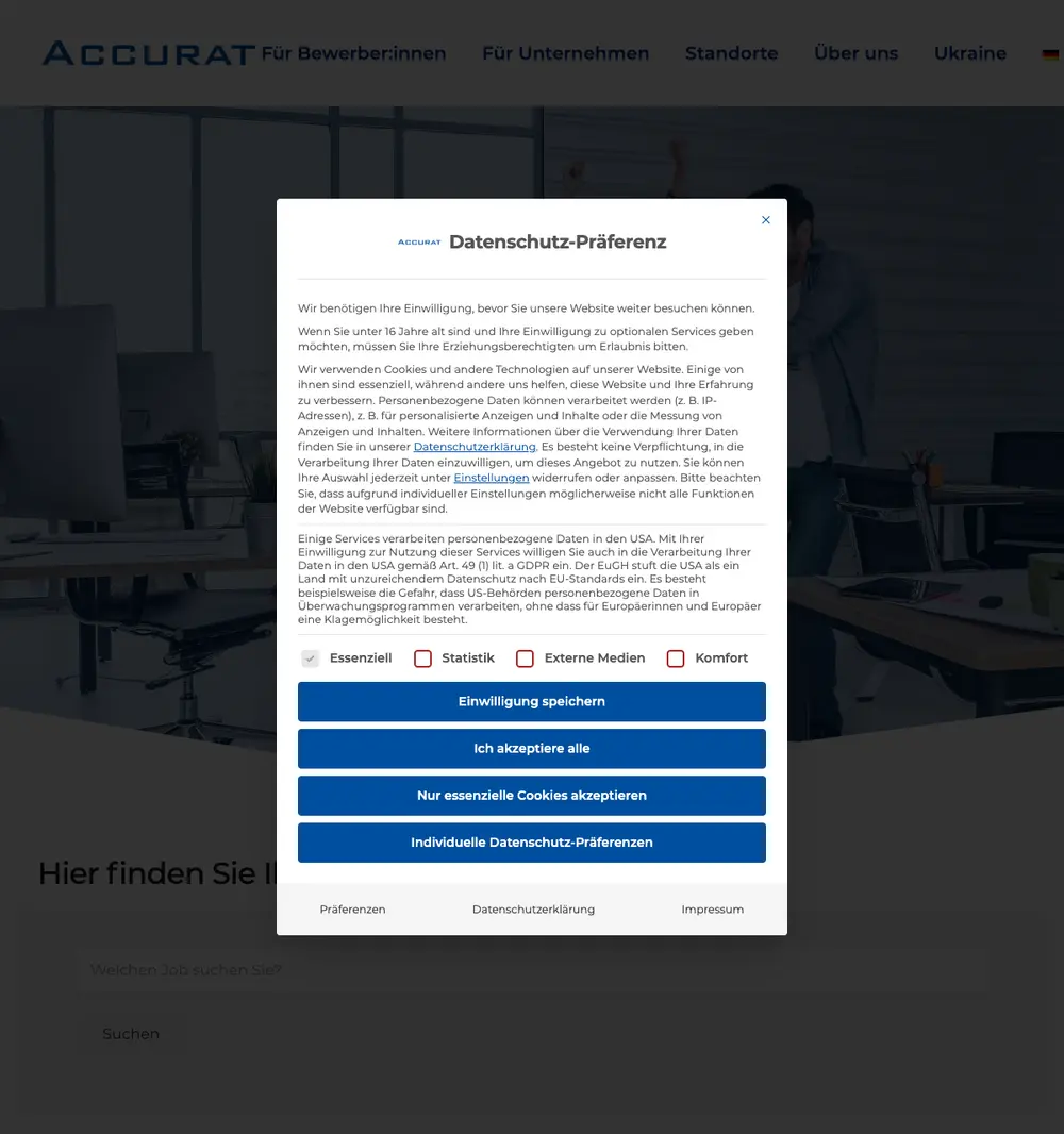 ACCURAT job board platform screenshot showing job search interface