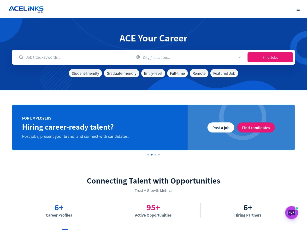 ACE Jobs job board platform screenshot showing job search interface