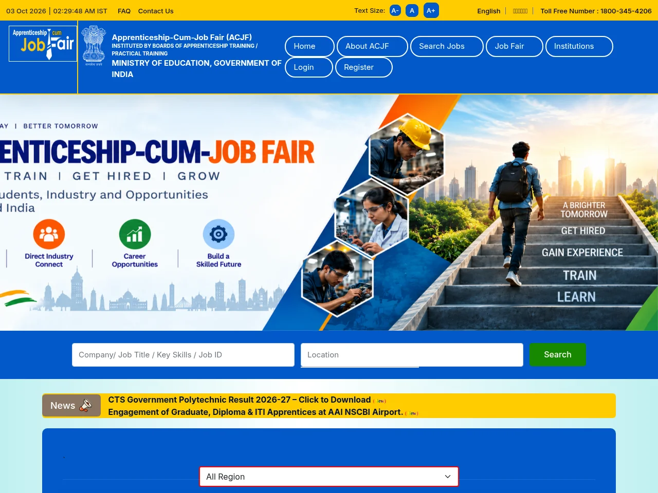 ACJF | Apprenticeship-Cum-Job Fair job board platform screenshot showing job search interface