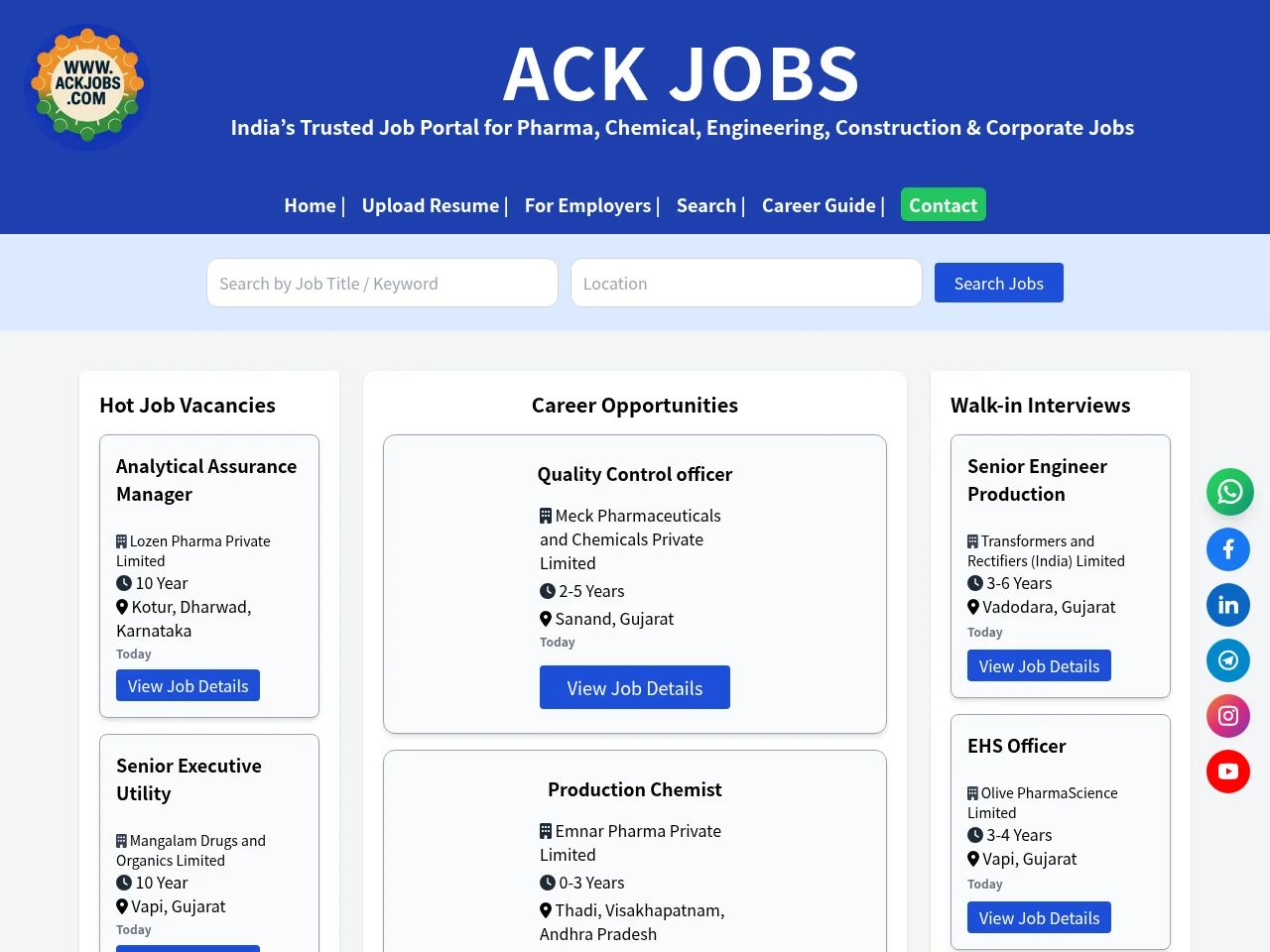 ACKJOBS job board platform screenshot showing job search interface
