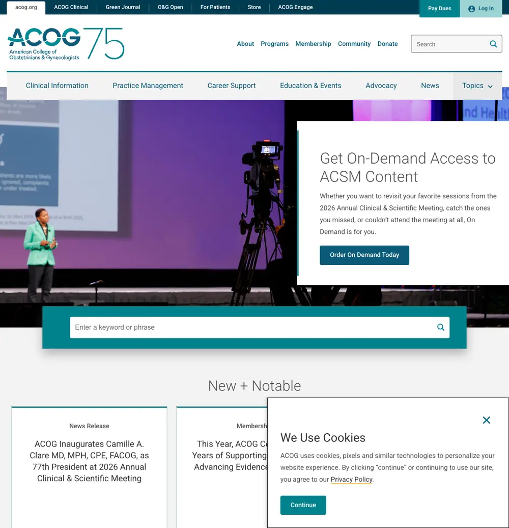 American College of Obstetricians and Gynecologists job board platform screenshot showing job search interface