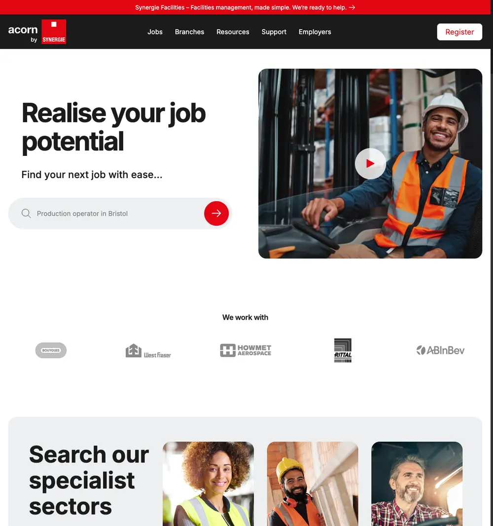 Acorn by Synergie job board platform screenshot showing job search interface