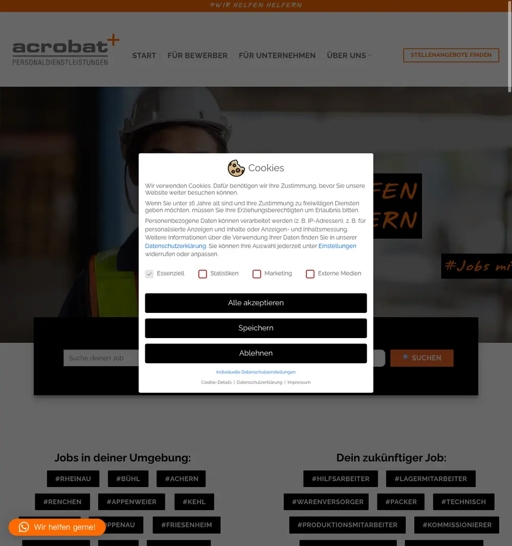 Acrobat Personaldienstleistungen job board platform screenshot showing job search interface