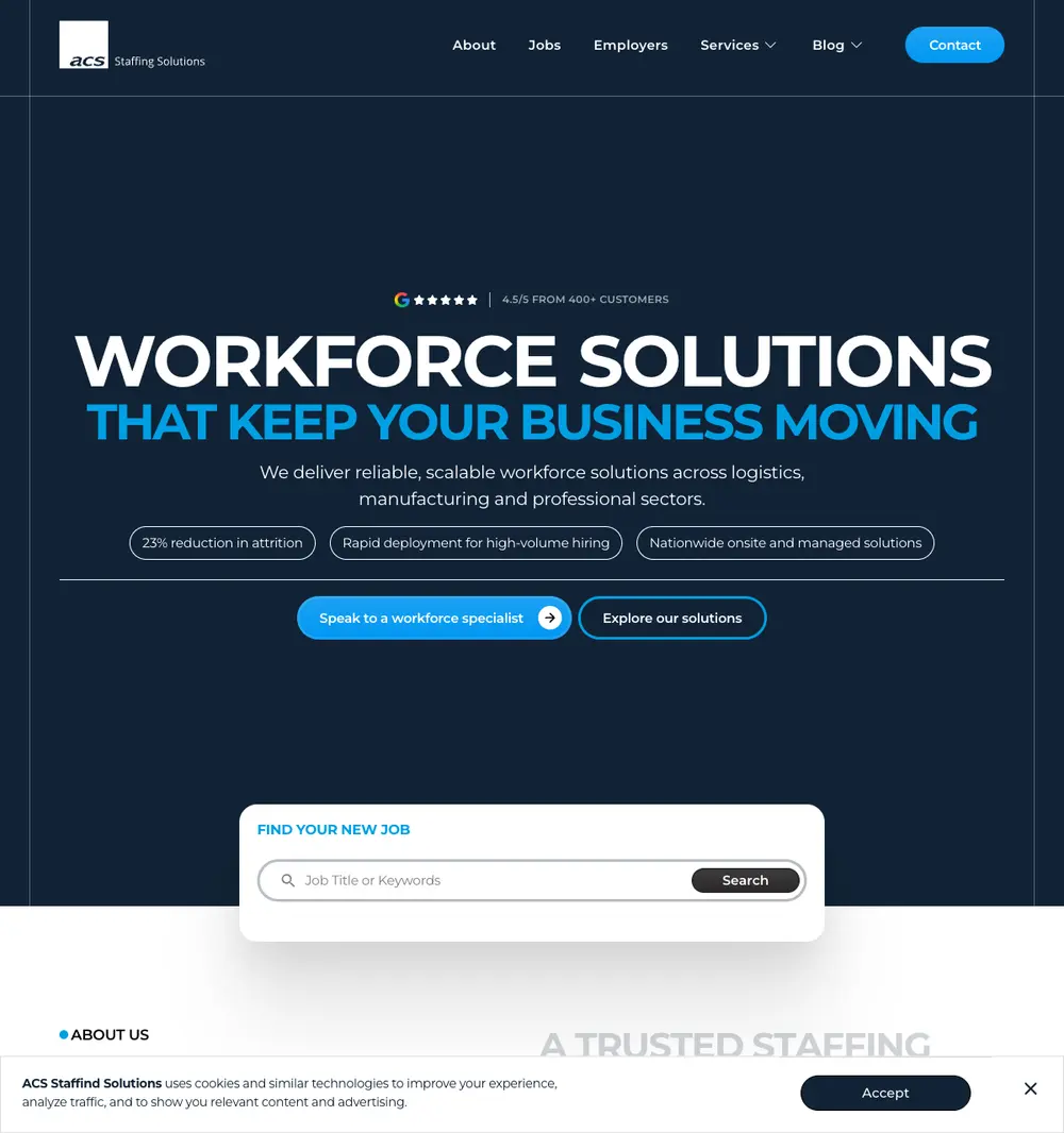 ACS Staffing Solutions job board platform screenshot showing job search interface