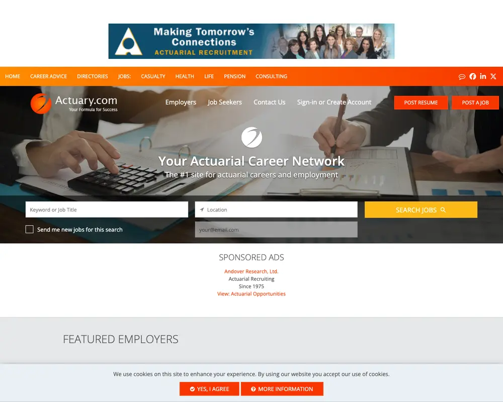 Actuary.com job board platform screenshot showing job search interface