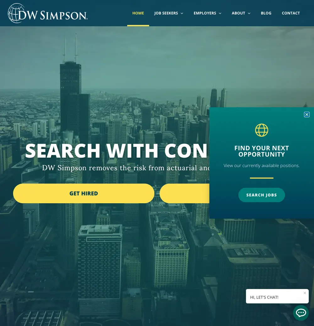 DW Simpson job board platform screenshot showing job search interface
