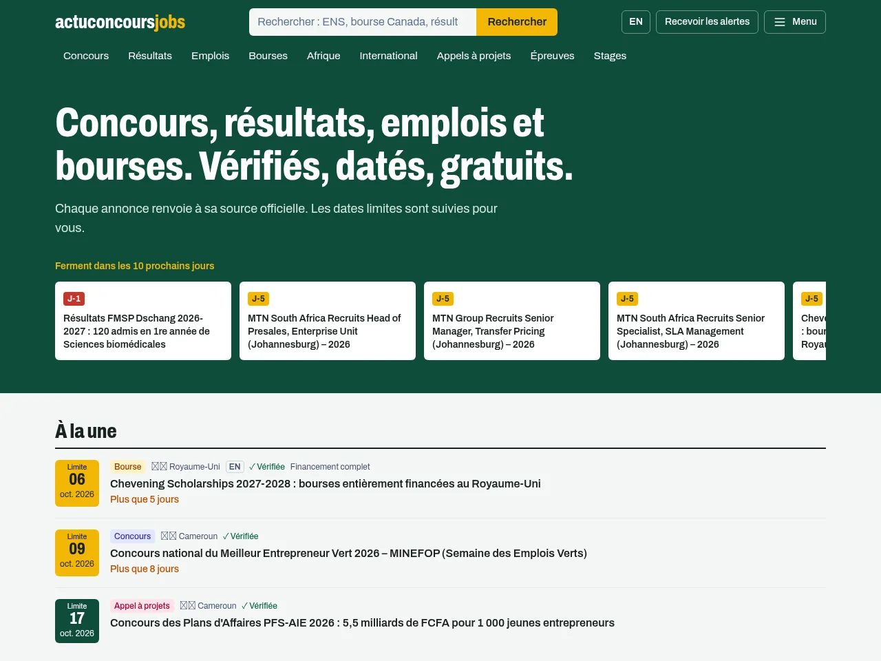 actuconcoursjobs job board platform screenshot showing job search interface
