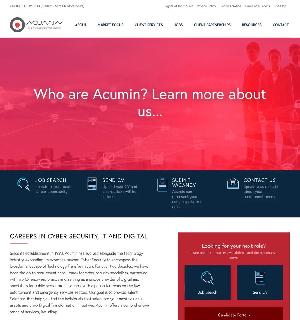 Acumin job board platform screenshot showing job search interface