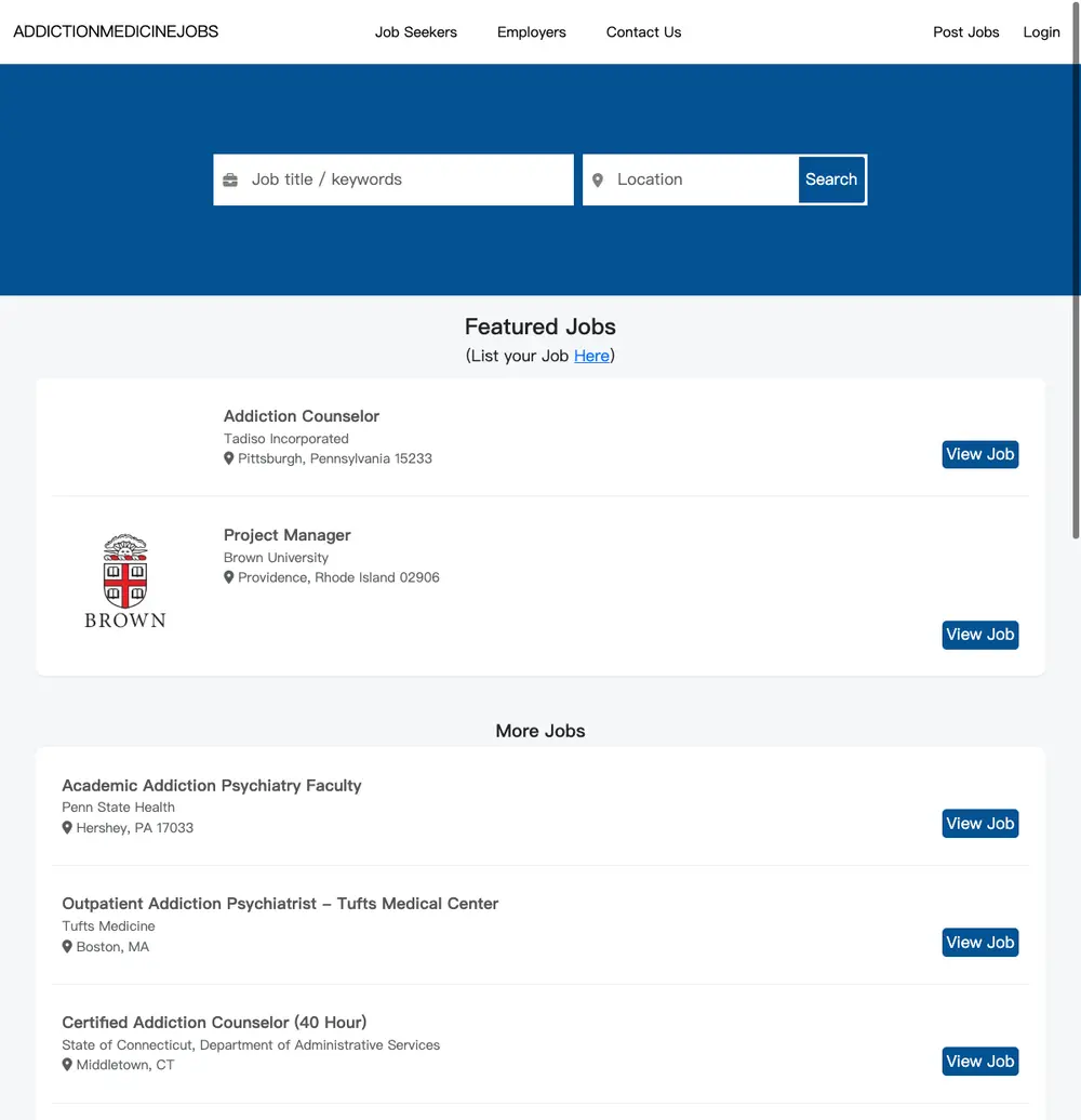 Addiction Medicine Jobs screenshot Addiction Medicine Jobs job board platform screenshot showing job search interface