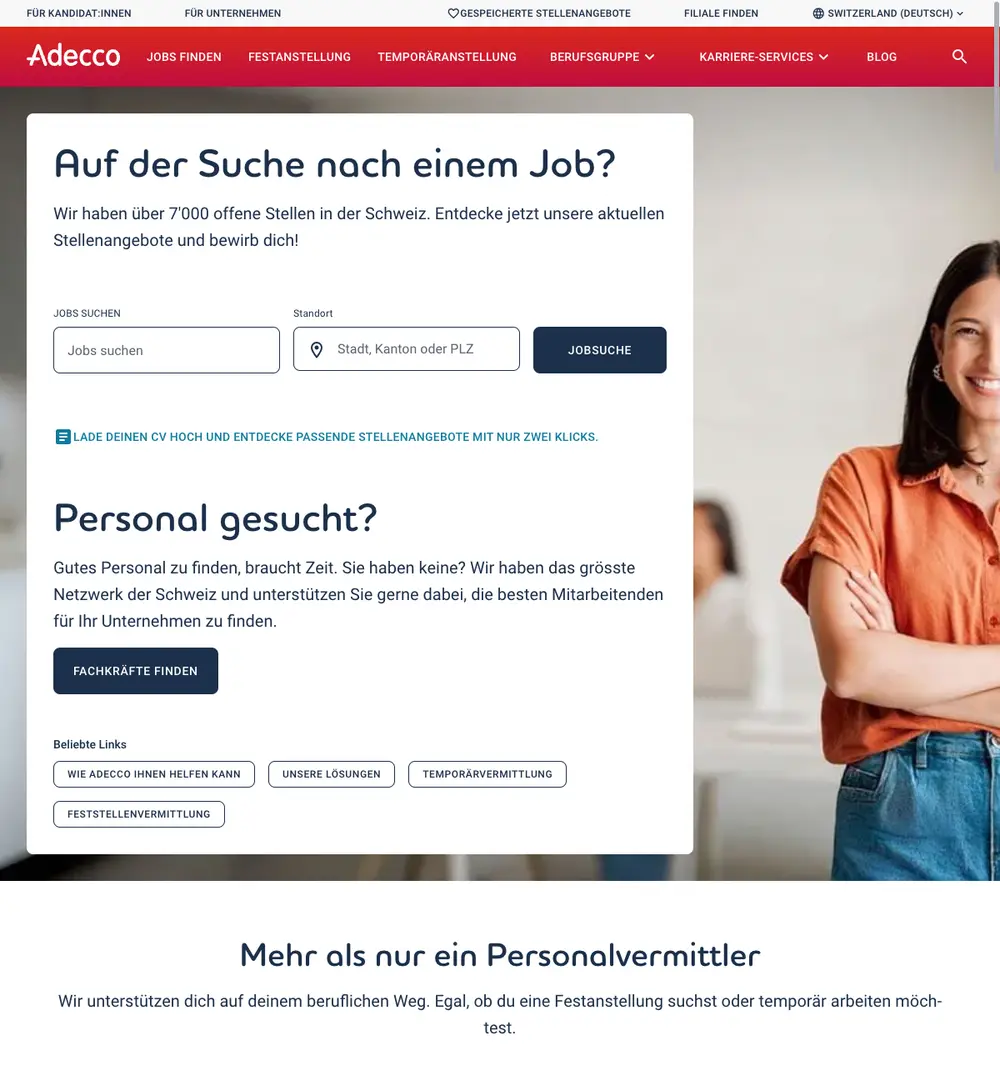 Adecco Schweiz job board platform screenshot showing job search interface