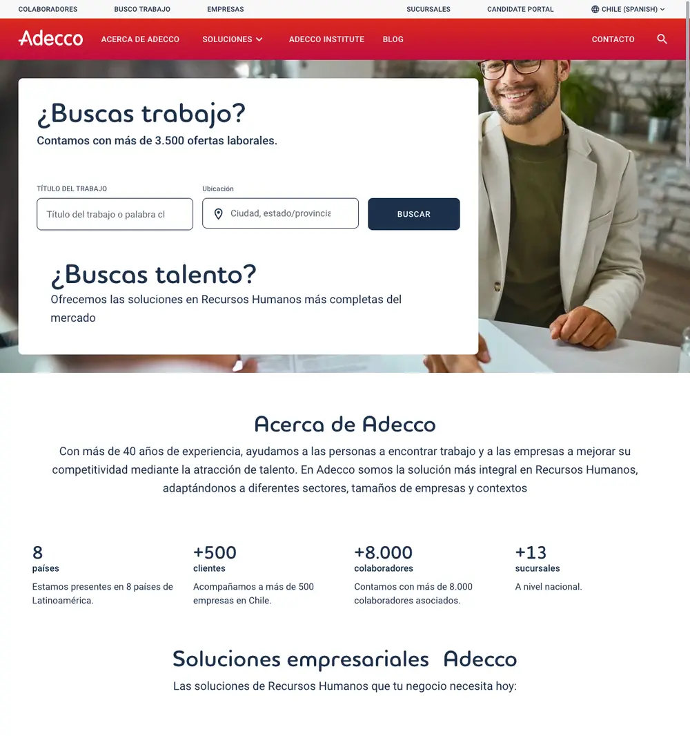 Adecco Chile job board platform screenshot showing job search interface