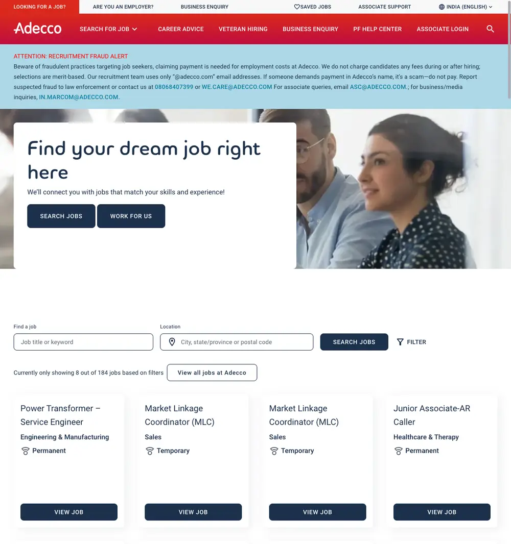 Adecco India job board platform screenshot showing job search interface