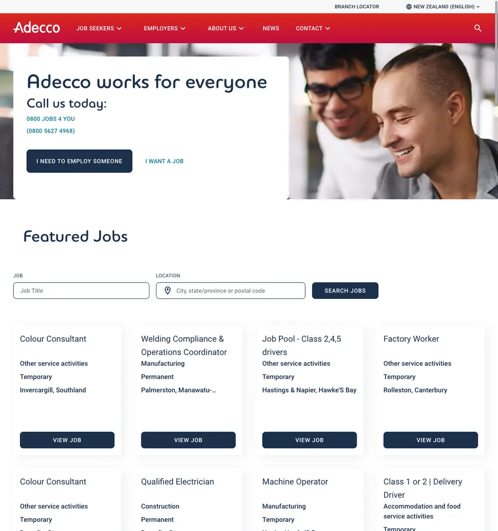 Adecco New Zealand job board platform screenshot showing job search interface