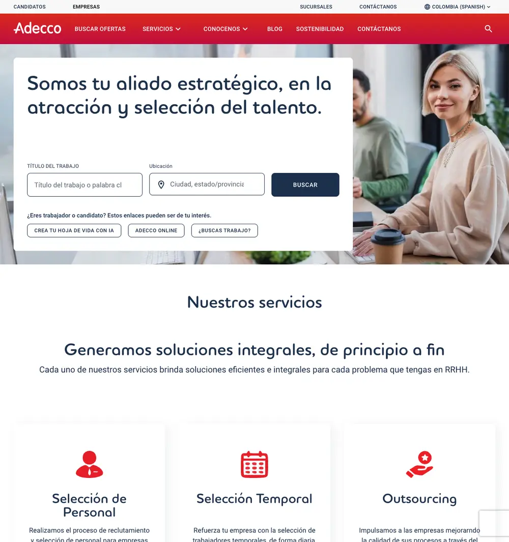 Adecco Colombia job board platform screenshot showing job search interface