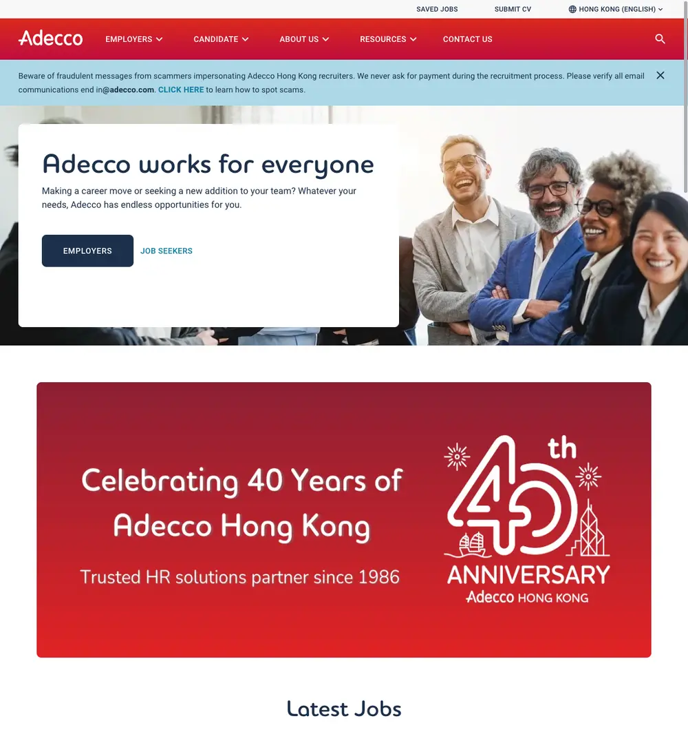 Adecco Hong Kong job board platform screenshot showing job search interface