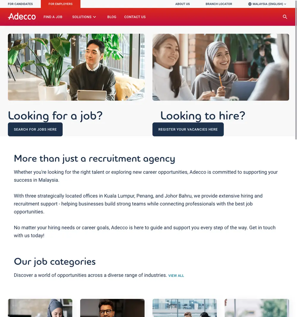 Adecco Malaysia job board platform screenshot showing job search interface
