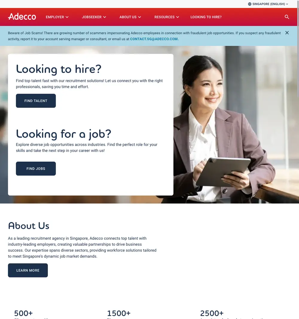 Adecco Singapore job board platform screenshot showing job search interface