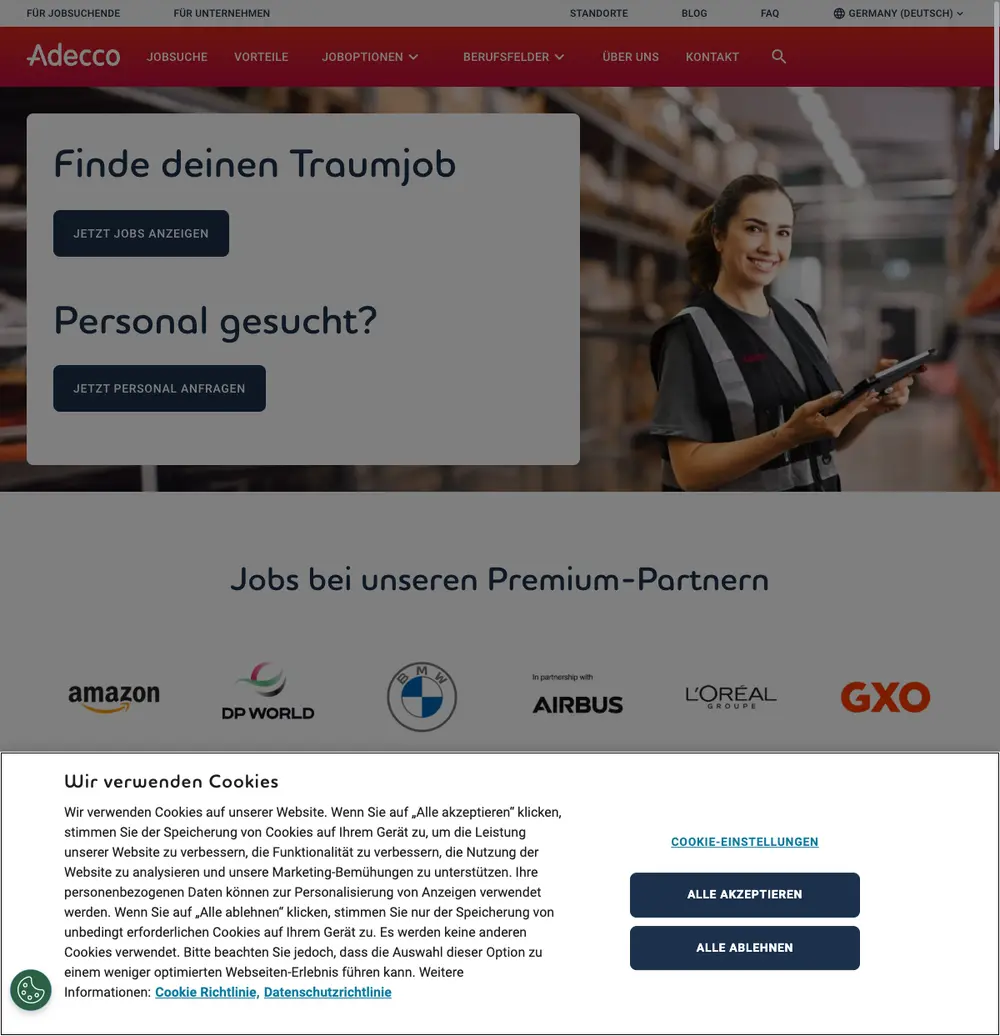 Adecco Deutschland screenshot Adecco Deutschland job board platform screenshot showing job search interface