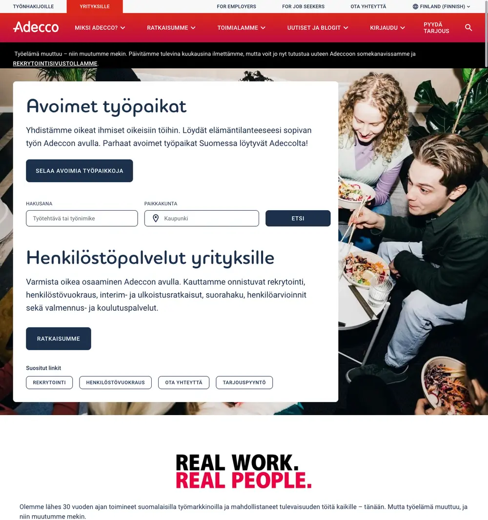Adecco Suomi job board platform screenshot showing job search interface