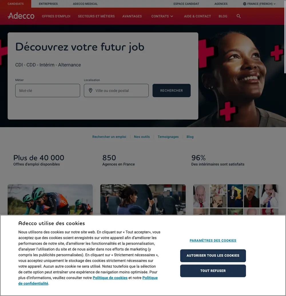 Adecco France job board platform screenshot showing job search interface