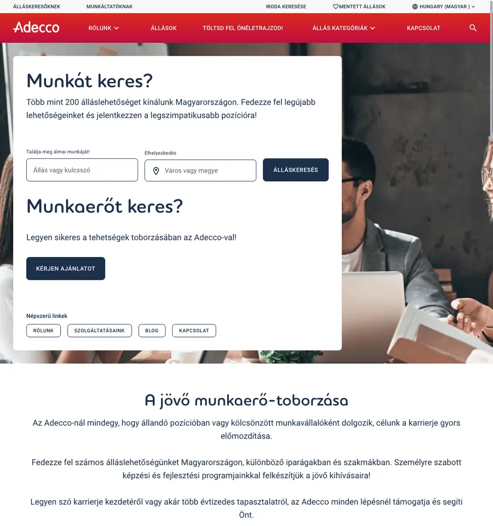Adecco Magyarország job board platform screenshot showing job search interface