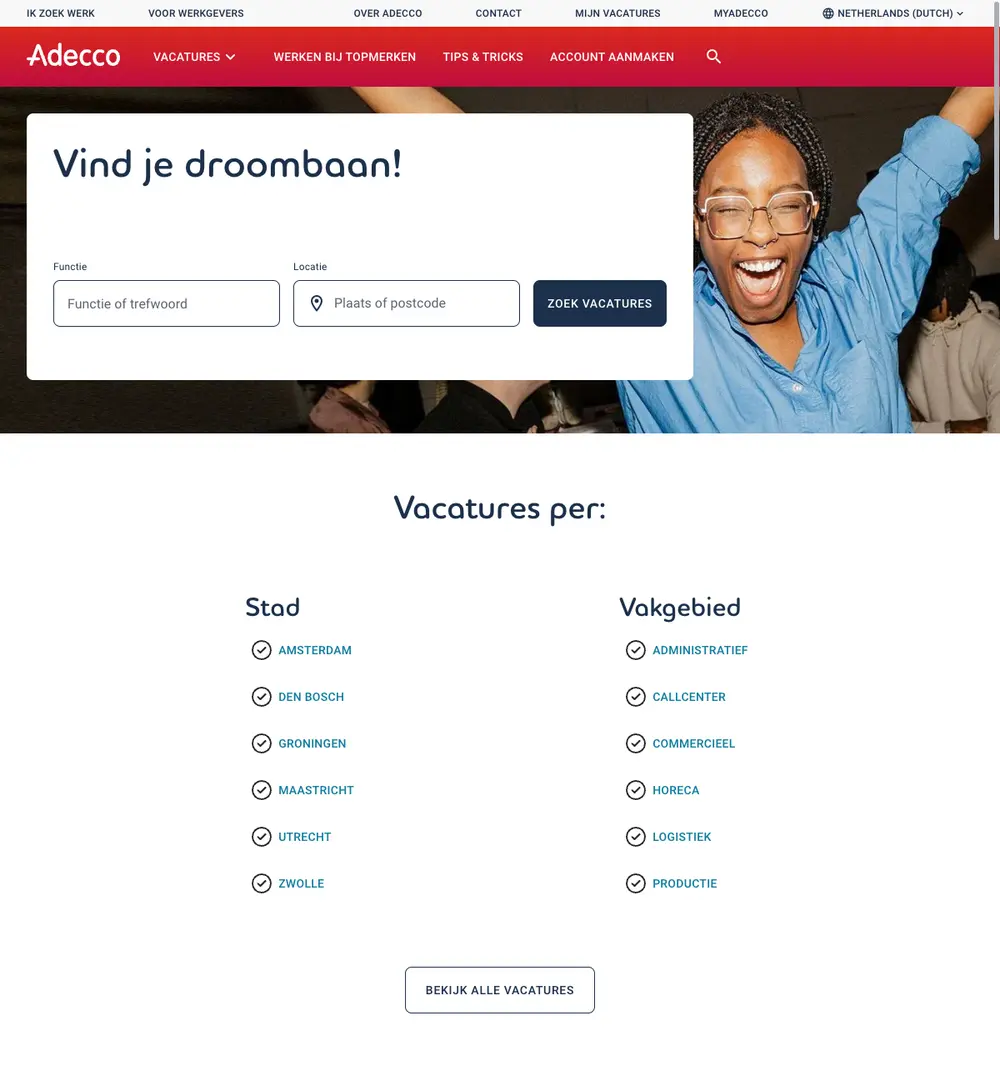 Adecco job board platform screenshot showing job search interface