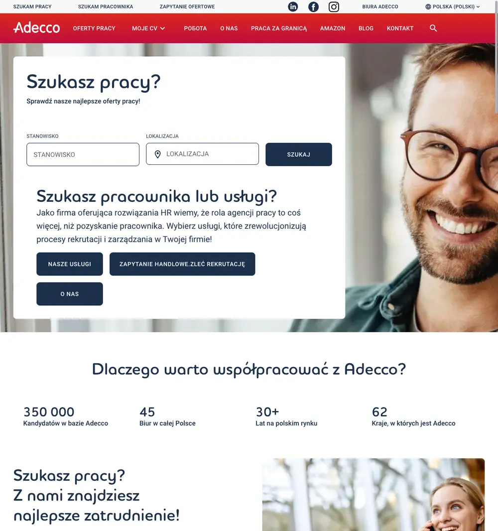 Adecco Poland job board platform screenshot showing job search interface