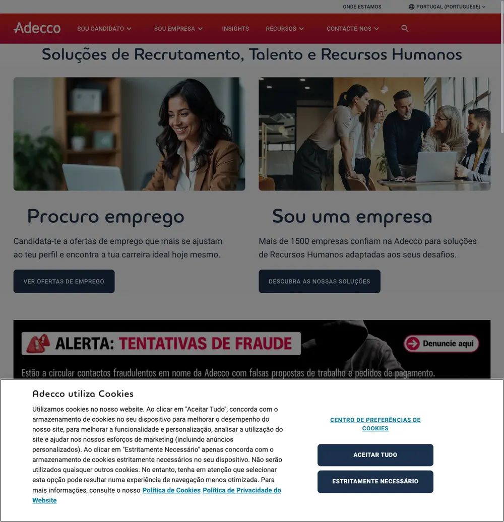 Adecco Portugal job board platform screenshot showing job search interface