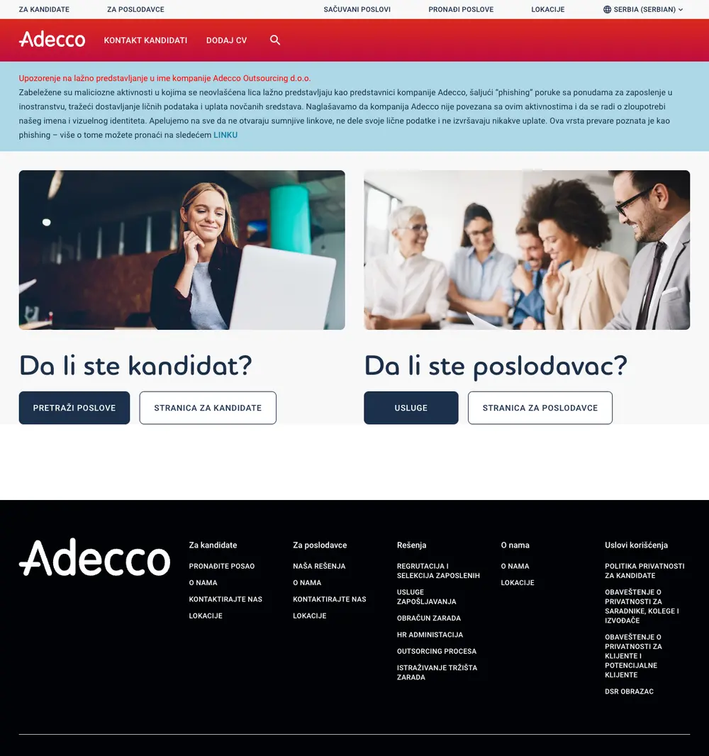 Adecco Srbija job board platform screenshot showing job search interface