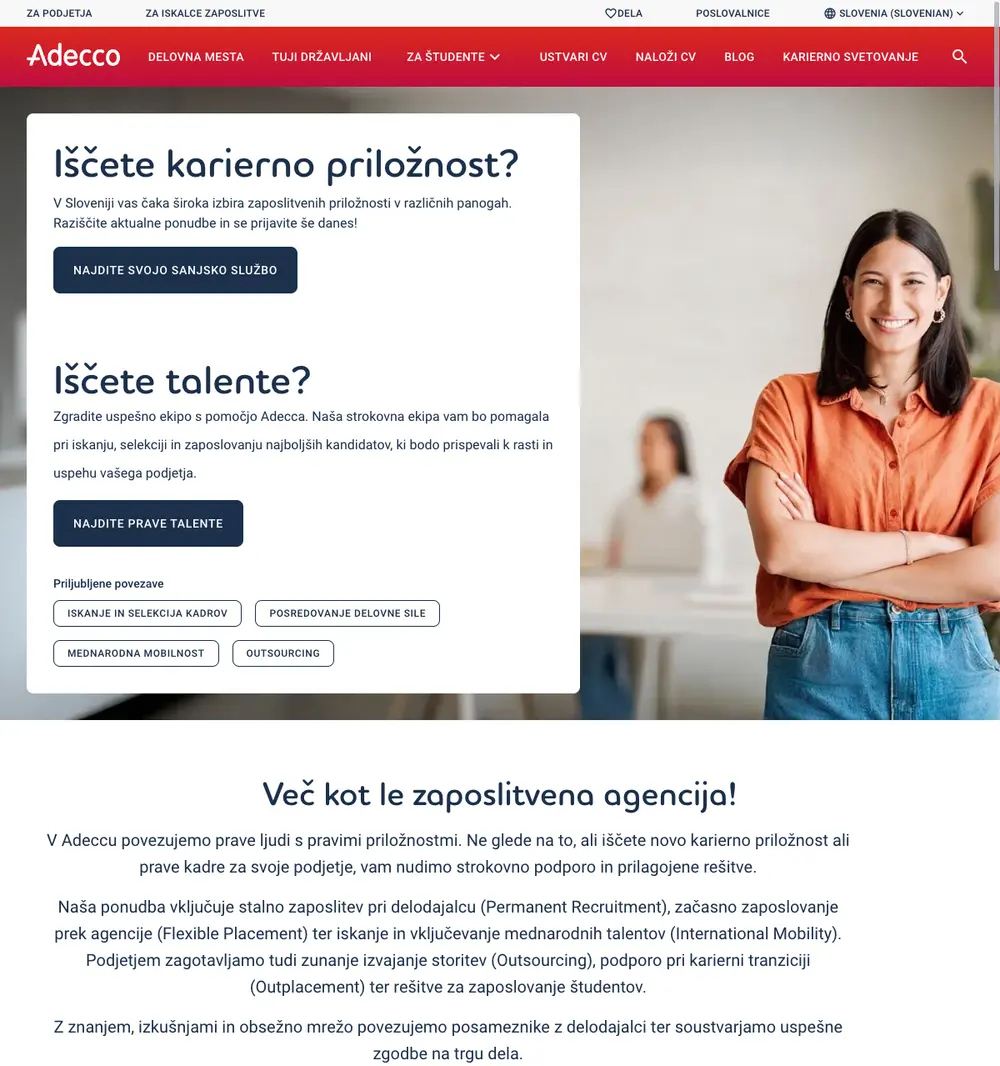 Adecco Slovenija job board platform screenshot showing job search interface