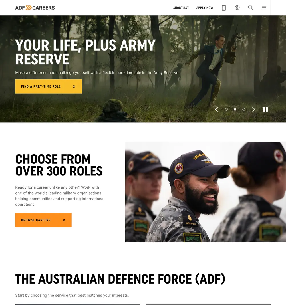 ADF Careers job board platform screenshot showing job search interface
