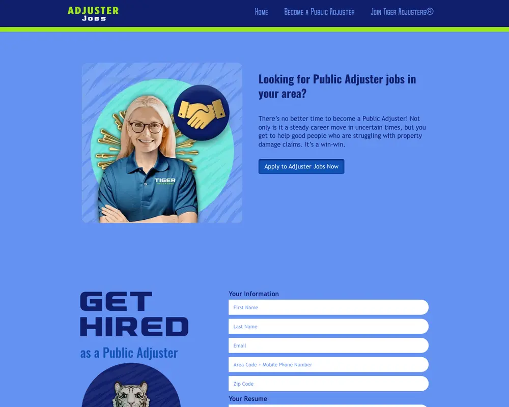 Adjuster Jobs job board platform screenshot showing job search interface