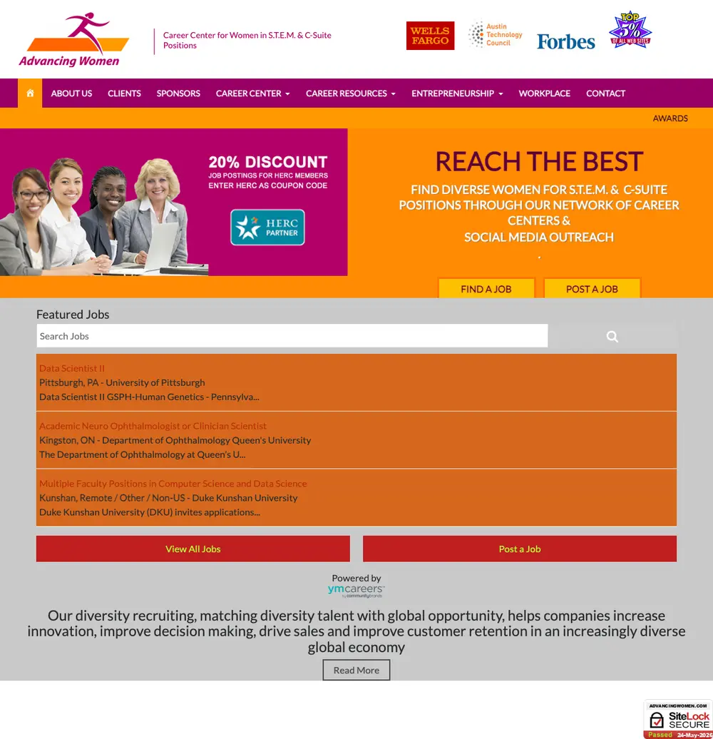 Advancing Women job board platform screenshot showing job search interface