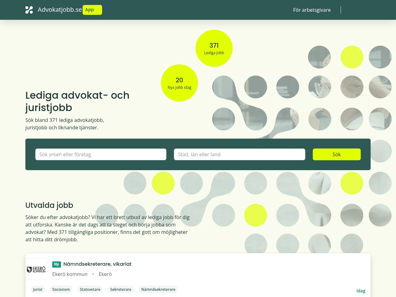 advokatjobb.se job board platform screenshot showing job search interface