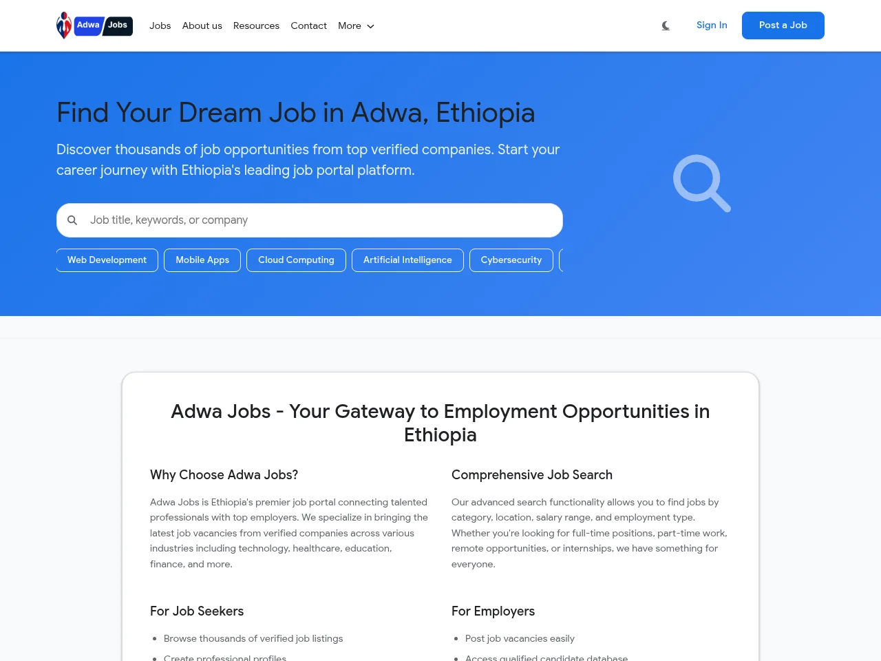 Adwa Jobs screenshot Adwa Jobs job board platform screenshot showing job search interface