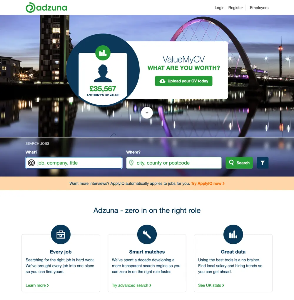 Adzuna job board platform screenshot showing job search interface